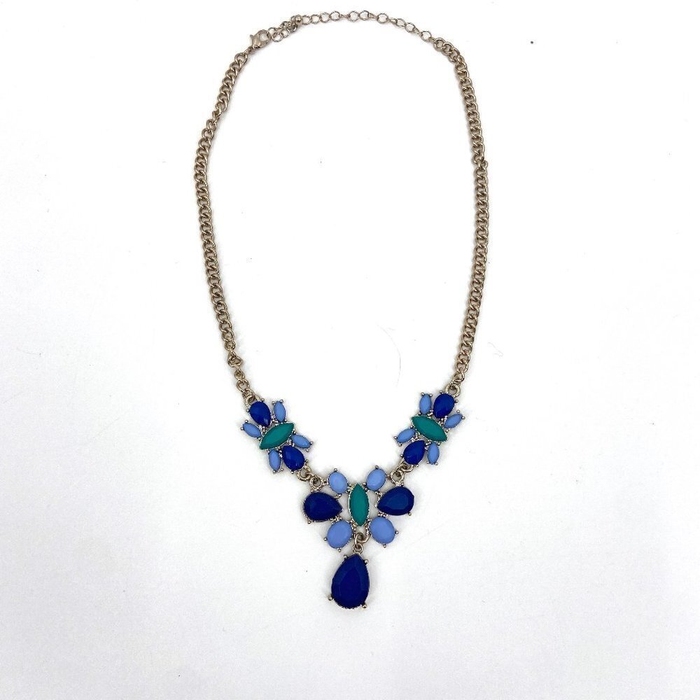 Blue Green Gold Tone Chain Chunky Pendant Necklace Costume Jewelry